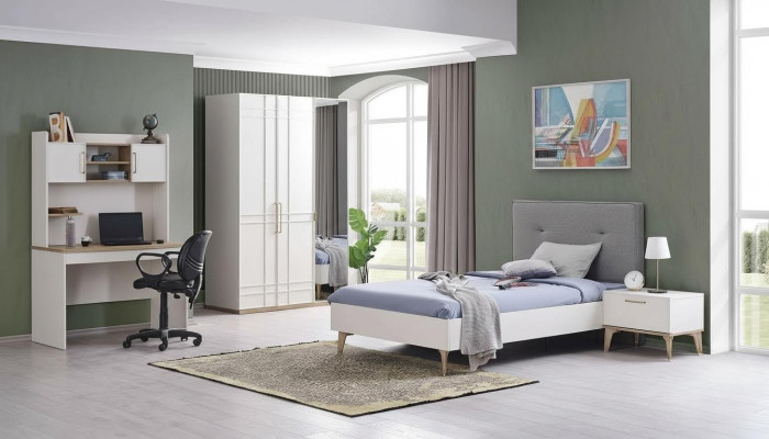 Conjunto de habitación infantil, cama infantil, cama juvenil, conjunto de cama de 4 piezas, blanco, madera.