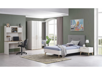 Conjunto de habitación infantil, cama infantil, cama juvenil, conjunto de cama de 4 piezas, blanco, madera.