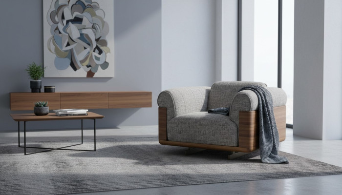 Sillón de tela, sillón orejero, 1 asiento, poliéster, gris, sala de estar, moderno.