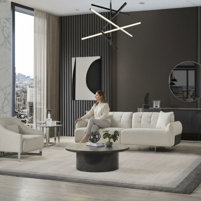 Sofá de lujo blanco completo de tres plazas y sillón, juego de 2 piezas.