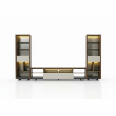 Conjunto de pared RTV, soporte de TV, aparador de tablero bajo, armario de 3 piezas de madera marrón.