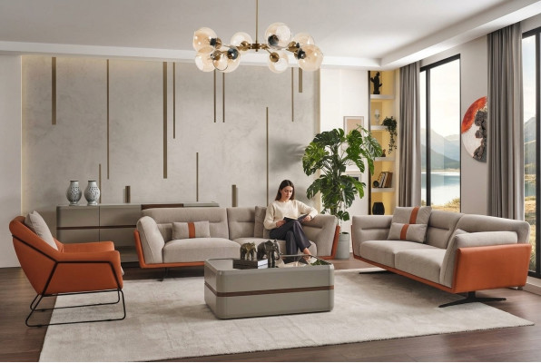 Sofá conjunto de asientos completo en naranja.