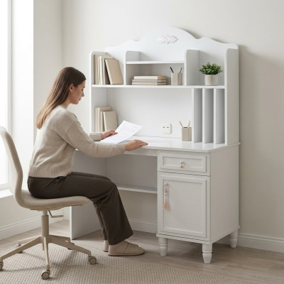 Estantería de escritorio moderna, escritorio de computadora de madera blanca para la habitación de los niños.