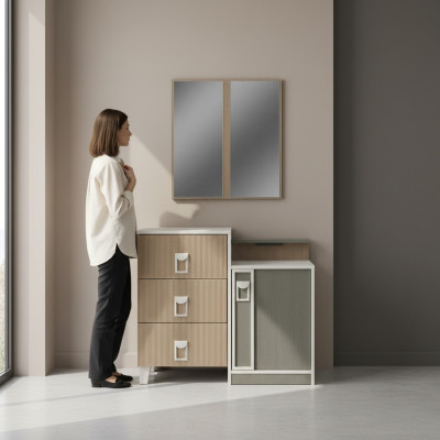 Cómoda de dormitorio con espejo de madera en color marrón, juego de mesa consola.