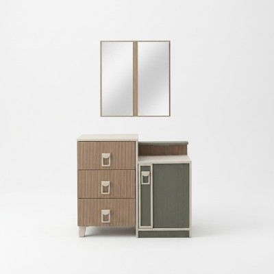Cómoda de dormitorio con espejo de madera en color marrón, juego de mesa consola.