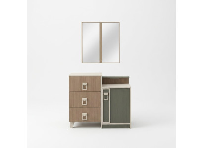 Cómoda de dormitorio con espejo de madera en color marrón, juego de mesa consola.