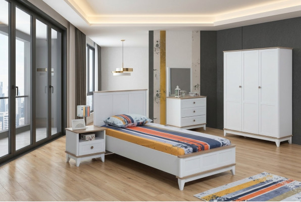 Conjunto de habitación infantil Blanco Cama de niños Mesilla de noche Conjunto de cama de 2 piezas de madera