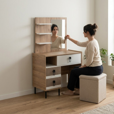 Juego de tocador con espejo de madera para dormitorio en marrón - conjunto de consola