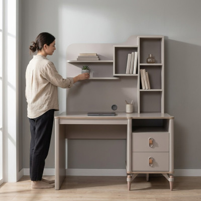 Escritorio Mesas de oficina Mesas de ordenador Beige Muebles de oficina Madera Mesa Estantes