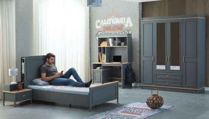Muebles para niños dormitorio Cama infantil Cama gris de madera Conjunto de 4 piezas