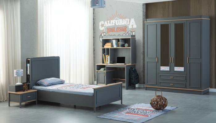 Muebles para niños dormitorio Cama infantil Cama gris de madera Conjunto de 4 piezas