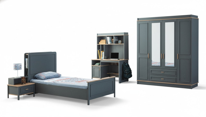 Muebles para niños dormitorio Cama infantil Cama gris de madera Conjunto de 4 piezas