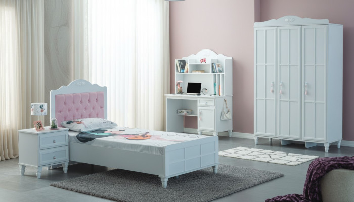 Grupo blanco Cama infantil Muebles infantiles Habitación infantil Cama Madera Set de 4 piezas