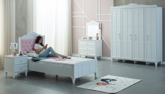 Lujo de muebles completos para niños Cama infantil Blanco Juego de madera 5 piezas Dormitorio infantil