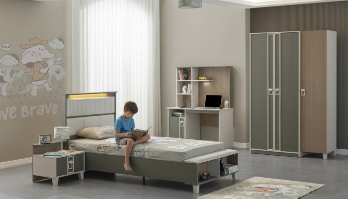 Conjunto de habitación infantil Cama infantil Muebles infantiles Gris Madera Juego de 4 piezas