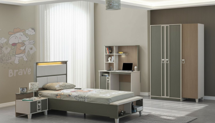 Conjunto de habitación infantil Cama infantil Muebles infantiles Gris Madera Juego de 4 piezas