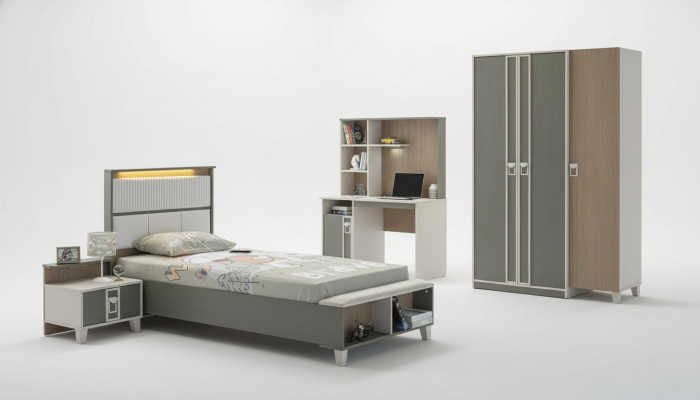 Conjunto de habitación infantil Cama infantil Muebles infantiles Gris Madera Juego de 4 piezas