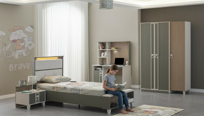 Juego de muebles para niños Dormitorio infantil Cama Cuna Gris Madera Conjunto de 4 piezas