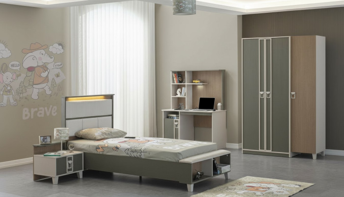 Juego de muebles para niños Dormitorio infantil Cama Cuna Gris Madera Conjunto de 4 piezas