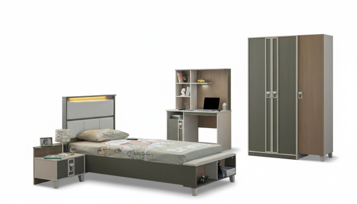 Juego de muebles para niños Dormitorio infantil Cama Cuna Gris Madera Conjunto de 4 piezas