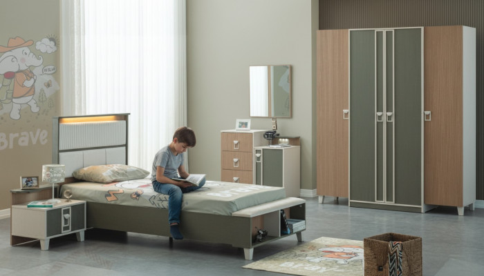 Conjunto completo de muebles para niños, cuna de madera cama conjunto de 5 piezas dormitorio infantil gris.