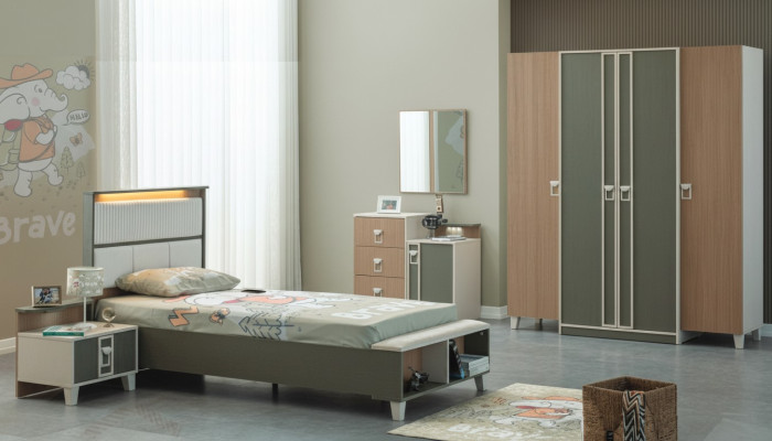 Conjunto completo de muebles para niños, cuna de madera cama conjunto de 5 piezas dormitorio infantil gris.