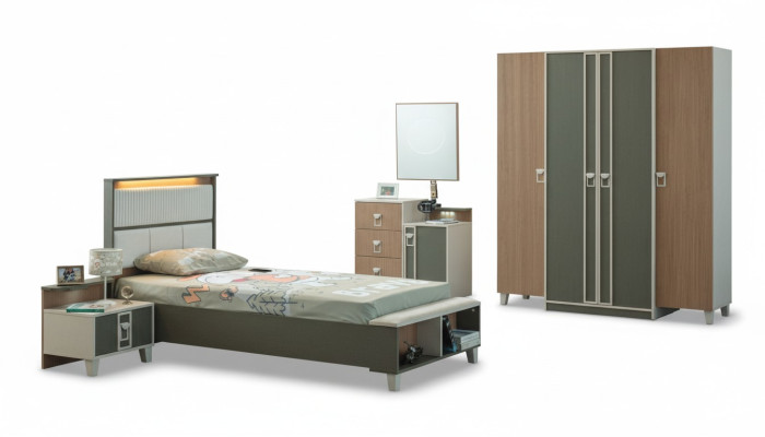 Conjunto completo de muebles para niños, cuna de madera cama conjunto de 5 piezas dormitorio infantil gris.