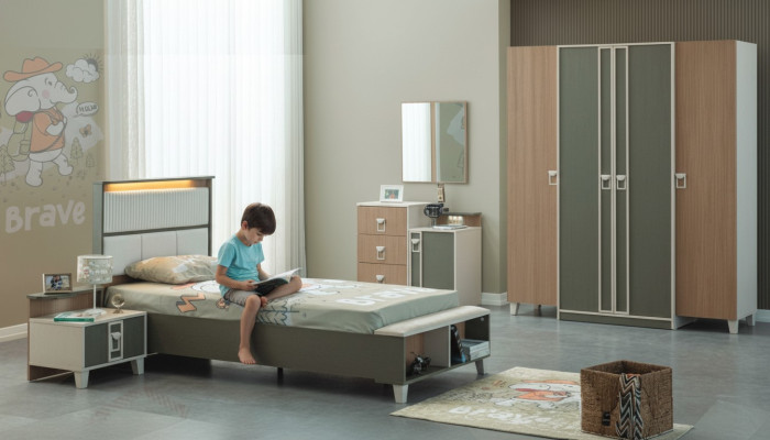 Muebles infantiles completos modernos: cama infantil gris de madera de 5 piezas con mesita de noche.
