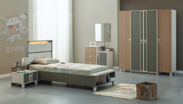 Muebles infantiles completos modernos: cama infantil gris de madera de 5 piezas con mesita de noche.
