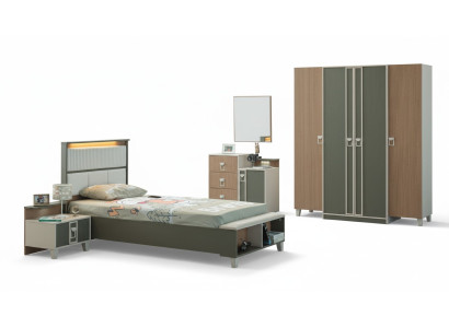 Muebles infantiles completos modernos: cama infantil gris de madera de 5 piezas con mesita de noche.