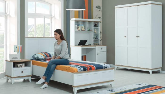 Juego completo de cama juvenil para niños, cama infantil de madera blanca, conjunto moderno de 4 piezas.