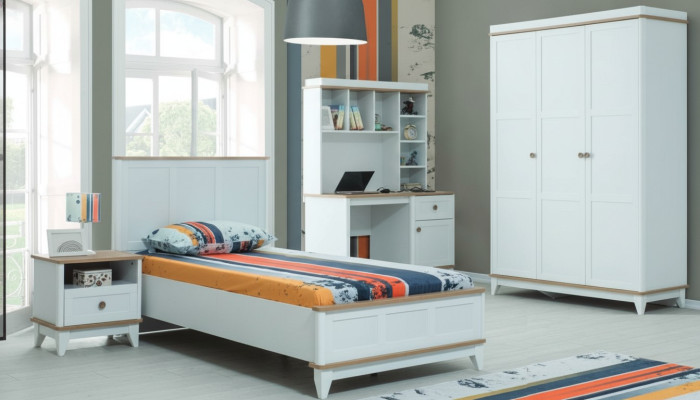 Juego completo de cama juvenil para niños, cama infantil de madera blanca, conjunto moderno de 4 piezas.