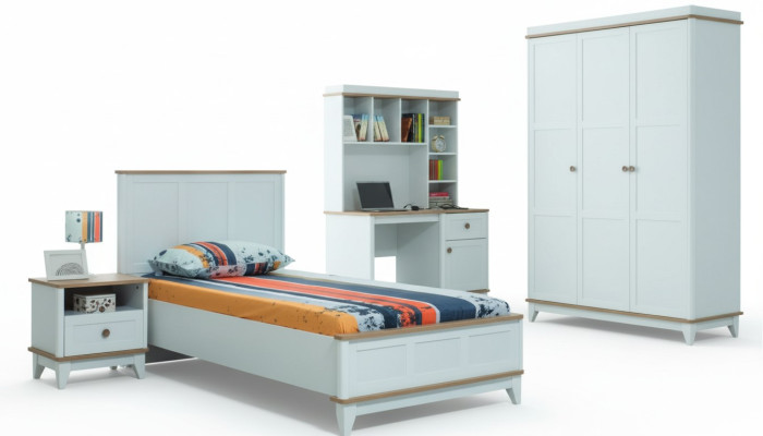 Juego completo de cama juvenil para niños, cama infantil de madera blanca, conjunto moderno de 4 piezas.