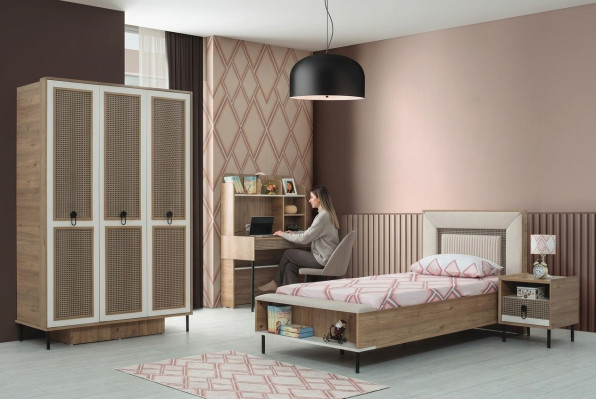 Juego de muebles para niños, cama infantil, cuna, marrón, conjunto de madera de 4 piezas.