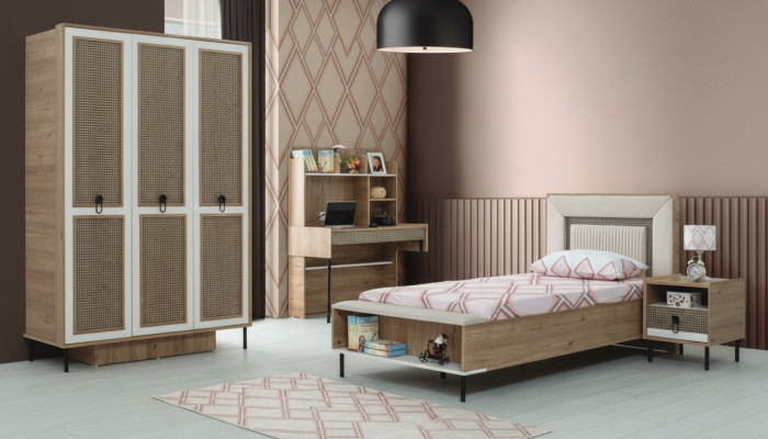Juego de muebles para niños, cama infantil, cuna, marrón, conjunto de madera de 4 piezas.