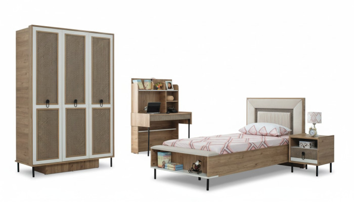 Juego de muebles para niños, cama infantil, cuna, marrón, conjunto de madera de 4 piezas.