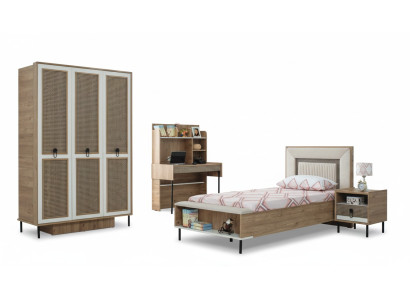 Juego de muebles para niños, cama infantil, cuna, marrón, conjunto de madera de 4 piezas.