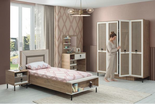 Conjunto de dormitorio Cama juvenil Cama infantil Marrón Madera Set 5 piezas Cama Moderna