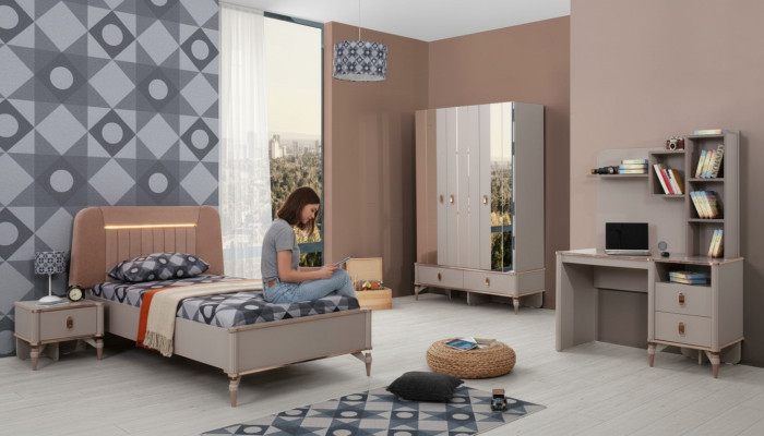 Muebles infantiles dormitorio de niñas cama cuna de niño madera beige juego de 4 piezas.