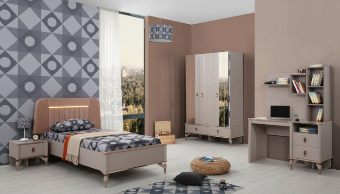 Muebles infantiles dormitorio de niñas cama cuna de niño madera beige juego de 4 piezas.