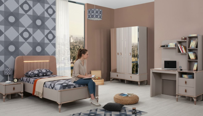 Muebles infantiles completos para niñas, conjunto de cama de madera de 4 piezas en beige para habitación infantil.