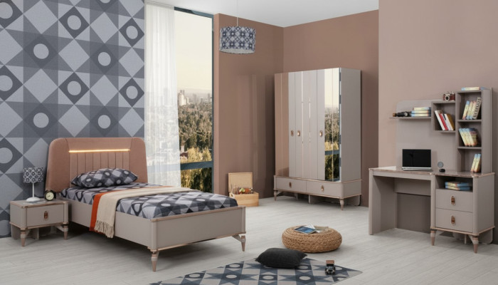 Muebles infantiles completos para niñas, conjunto de cama de madera de 4 piezas en beige para habitación infantil.