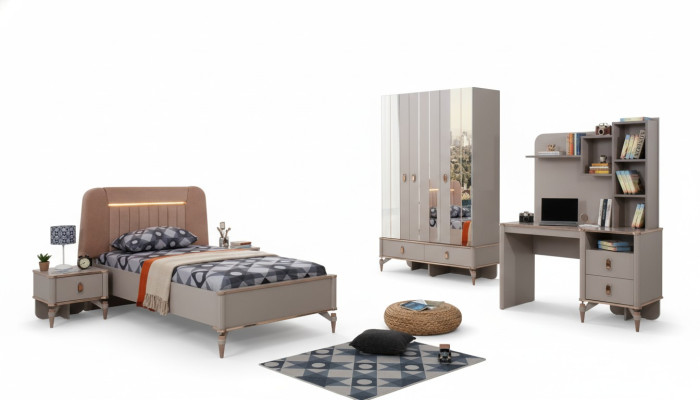 Muebles infantiles completos para niñas, conjunto de cama de madera de 4 piezas en beige para habitación infantil.
