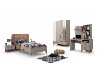 Muebles infantiles completos para niñas, conjunto de cama de madera de 4 piezas en beige para habitación infantil.