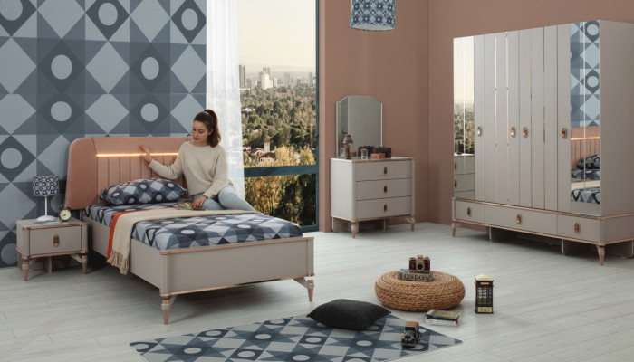 Cama para niños Muebles infantiles Cama infantil Juego completo de madera beige 5 piezas Moderno