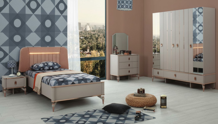 Cama para niños Muebles infantiles Cama infantil Juego completo de madera beige 5 piezas Moderno