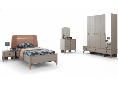 Cama para niños Muebles infantiles Cama infantil Juego completo de madera beige 5 piezas Moderno