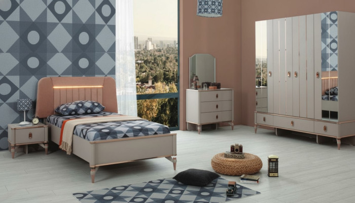 Juego completo de muebles para niños, cama juvenil en beige de madera, moderno conjunto de 5 piezas.