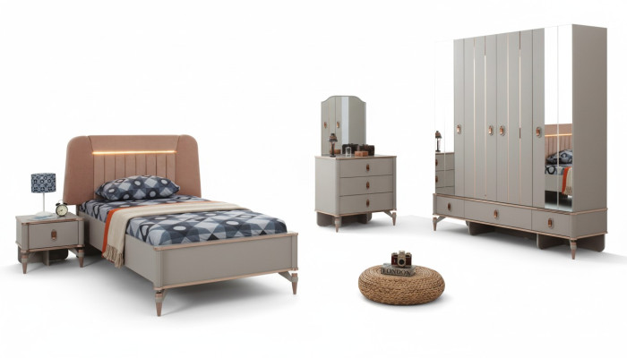 Juego completo de muebles para niños, cama juvenil en beige de madera, moderno conjunto de 5 piezas.
