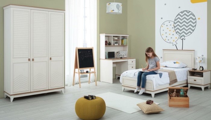 Conjuntos de habitación Dormitorio juvenil Cama infantil Blanco Madera Juego de 4 piezas Cama Moderna